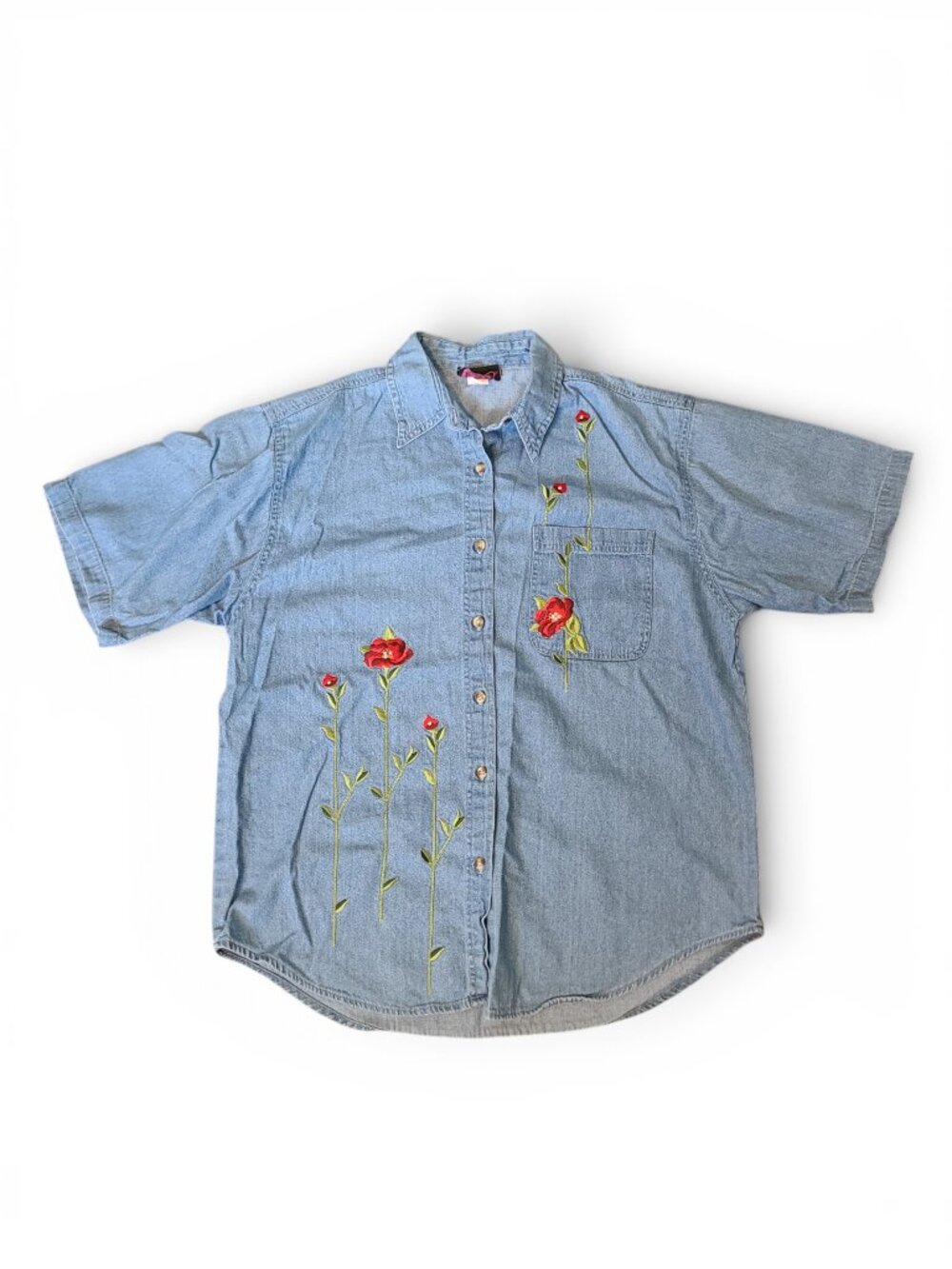 Vintage 90s Denim Flower Embroidered Button  Up Front Blouse Top Size Large